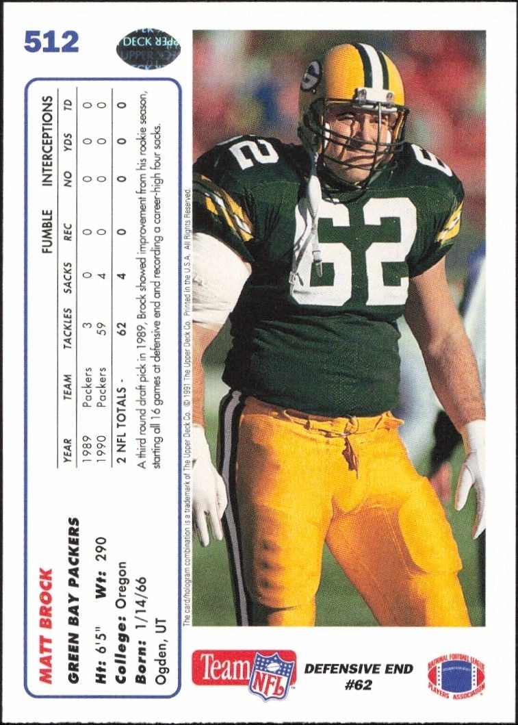 1991 Upper Deck Matt Brock #512 football trading card back
