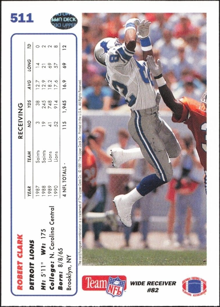 1991 Upper Deck Robert Clark #511 football trading card back