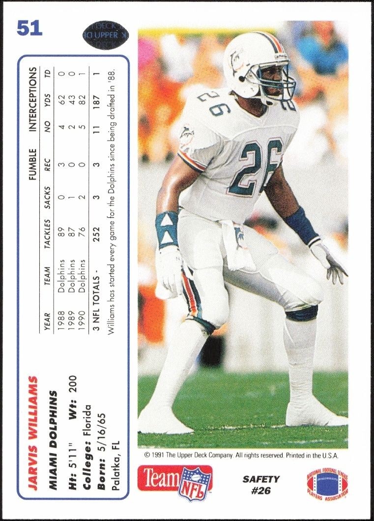 1991 Upper Deck Jarvis Williams #51 football trading card back