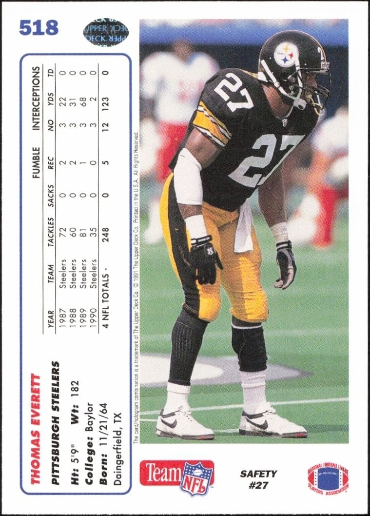 1991 Upper Deck Thomas Everett #518 football trading card back