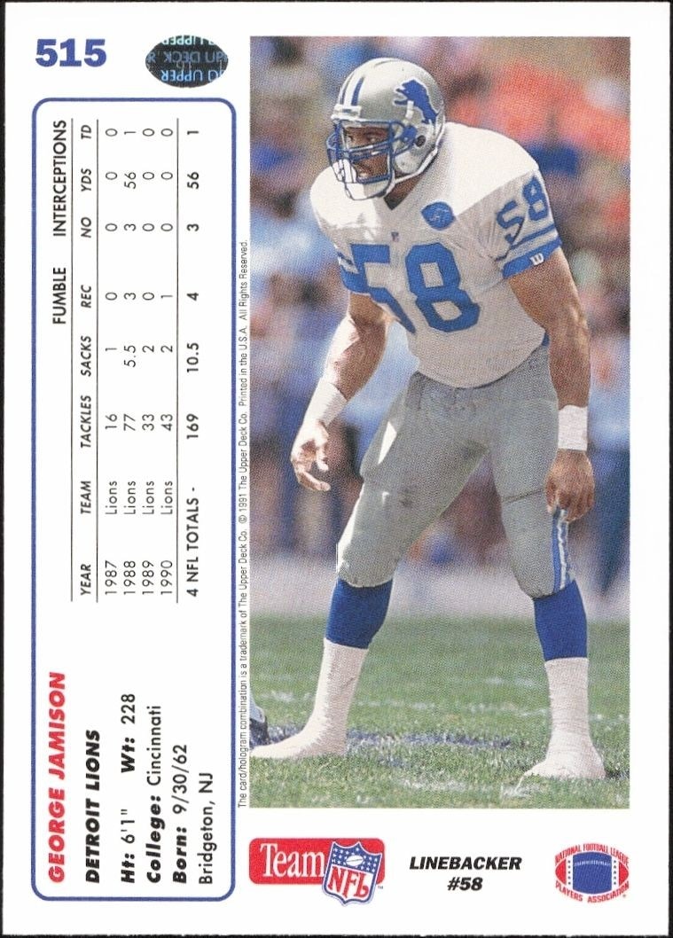 1991 Upper Deck George Jamison #515 football trading card back