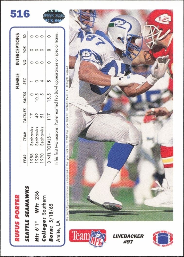 1991 Upper Deck Rufus Porter #516 football trading card back