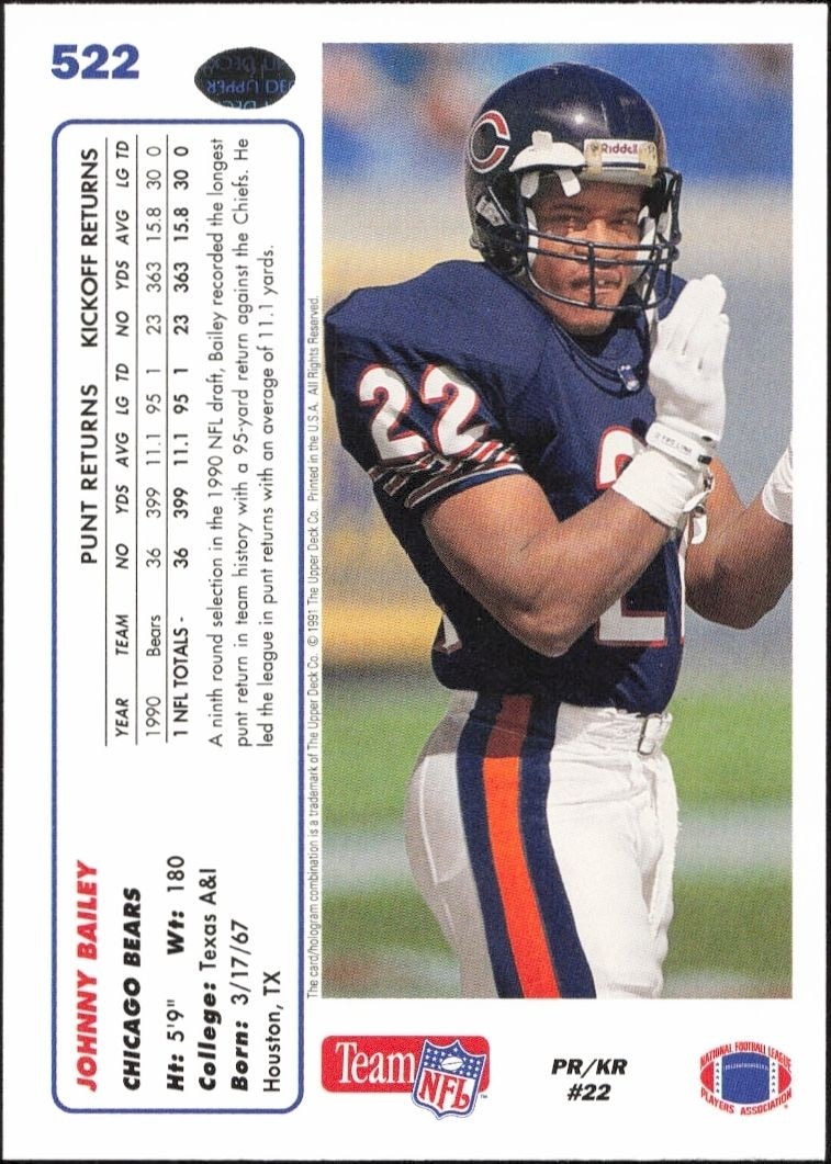 1991 Upper Deck Johnny Bailey #522 football trading card back