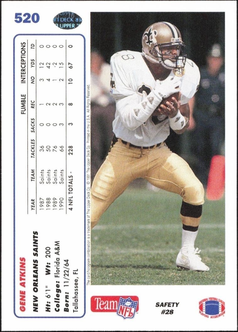 1991 Upper Deck Gene Atkins #520 football trading card back