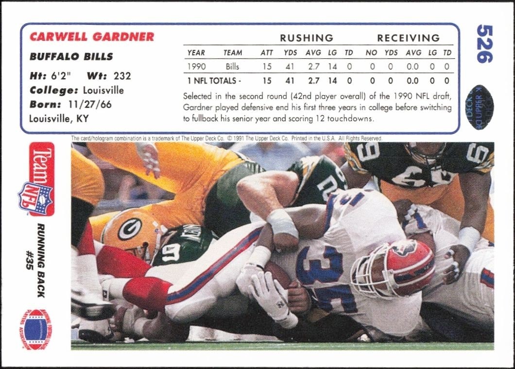 1991 Upper Deck Carwell Gardner #526 football trading card back