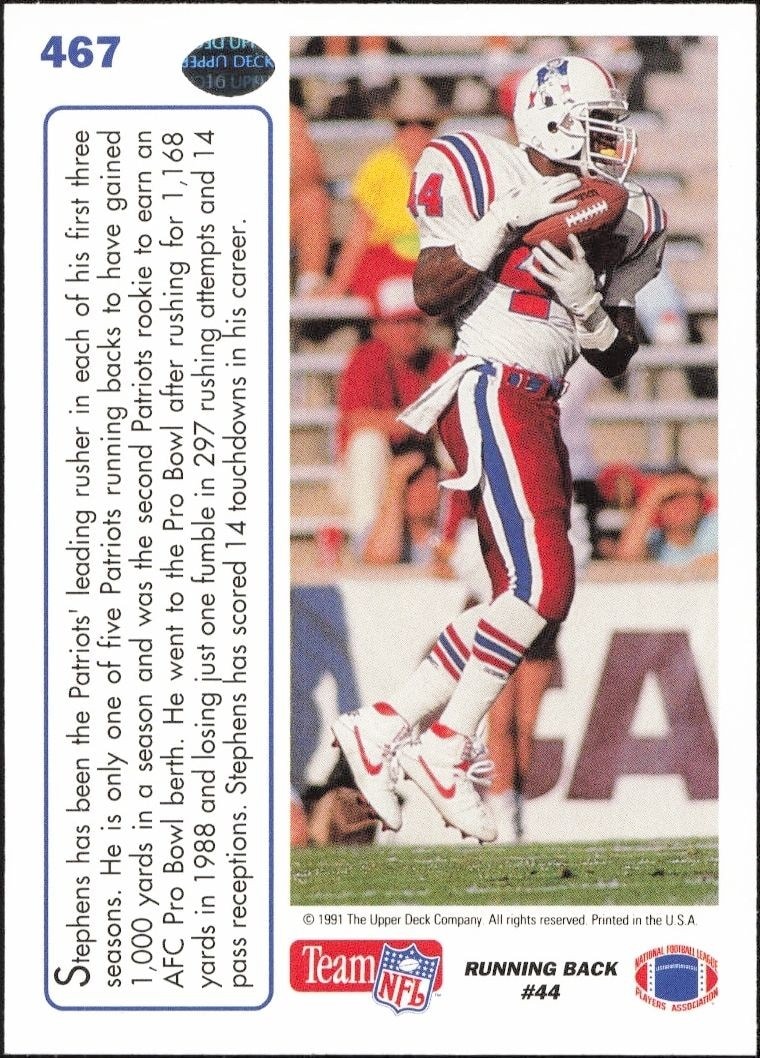 1991 Upper Deck John Stephens #467 football trading card back
