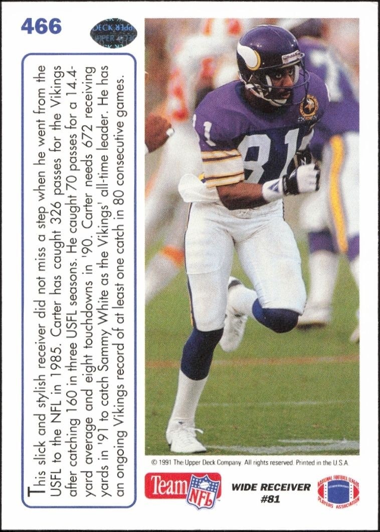 1991 Upper Deck Anthony Carter #466 football trading card back