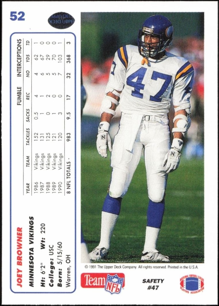 1991 Upper Deck Joey Browner #52 football trading card back