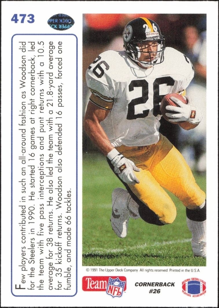 1991 Upper Deck Rod Woodson #473 football trading card back