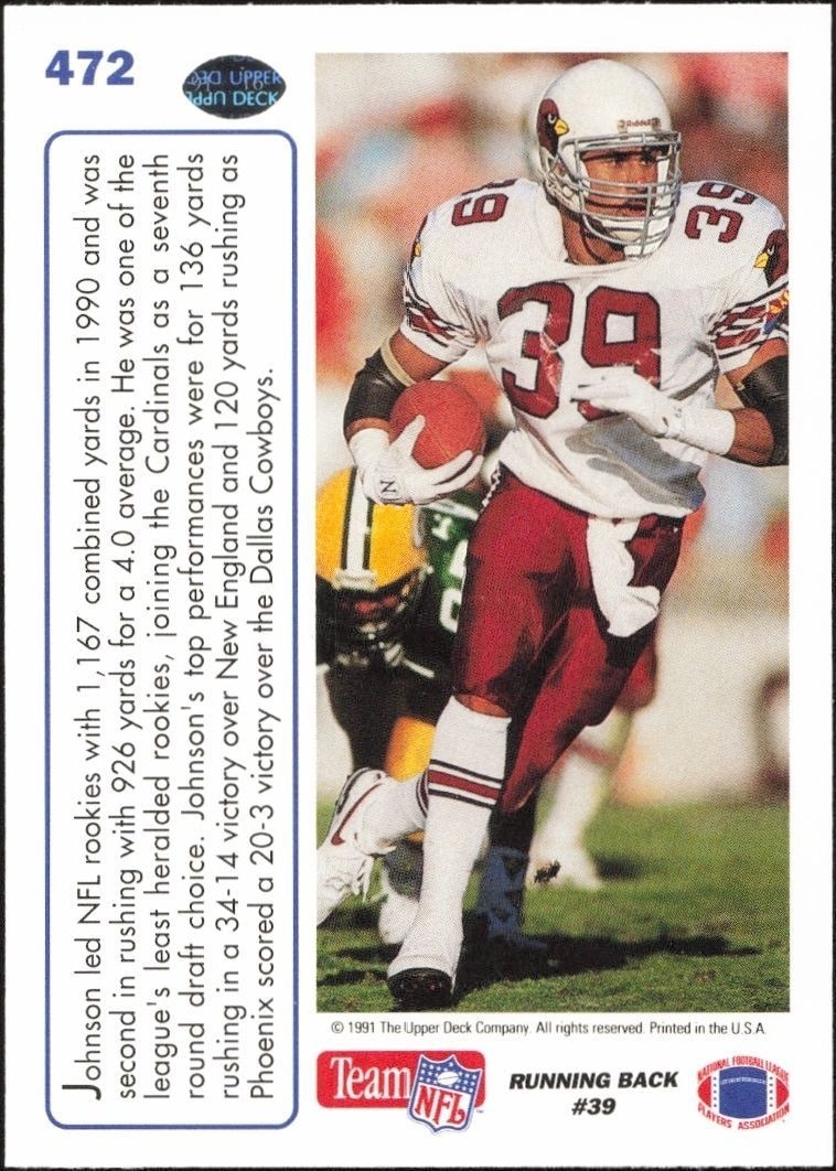 1991 Upper Deck Johnny Johnson #472 football trading card back