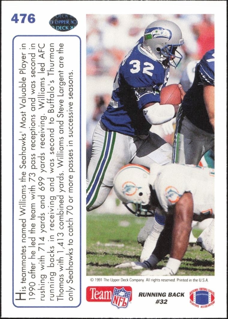 1991 Upper Deck John L. Williams #476 football trading card back