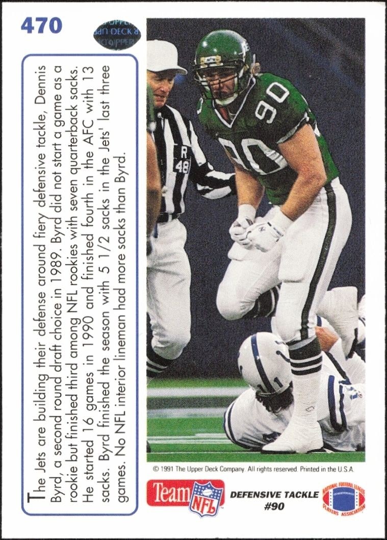 1991 Upper Deck Dennis Byrd #470 football trading card back