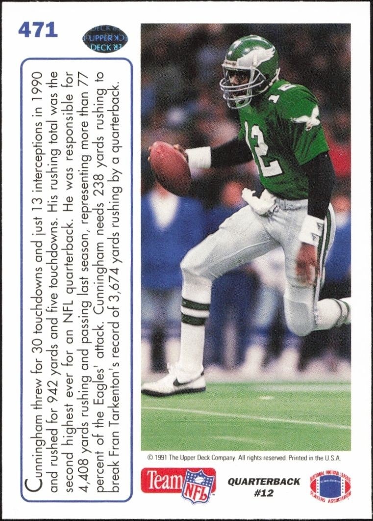 1991 Upper Deck Randall Cunningham #471 football trading card back