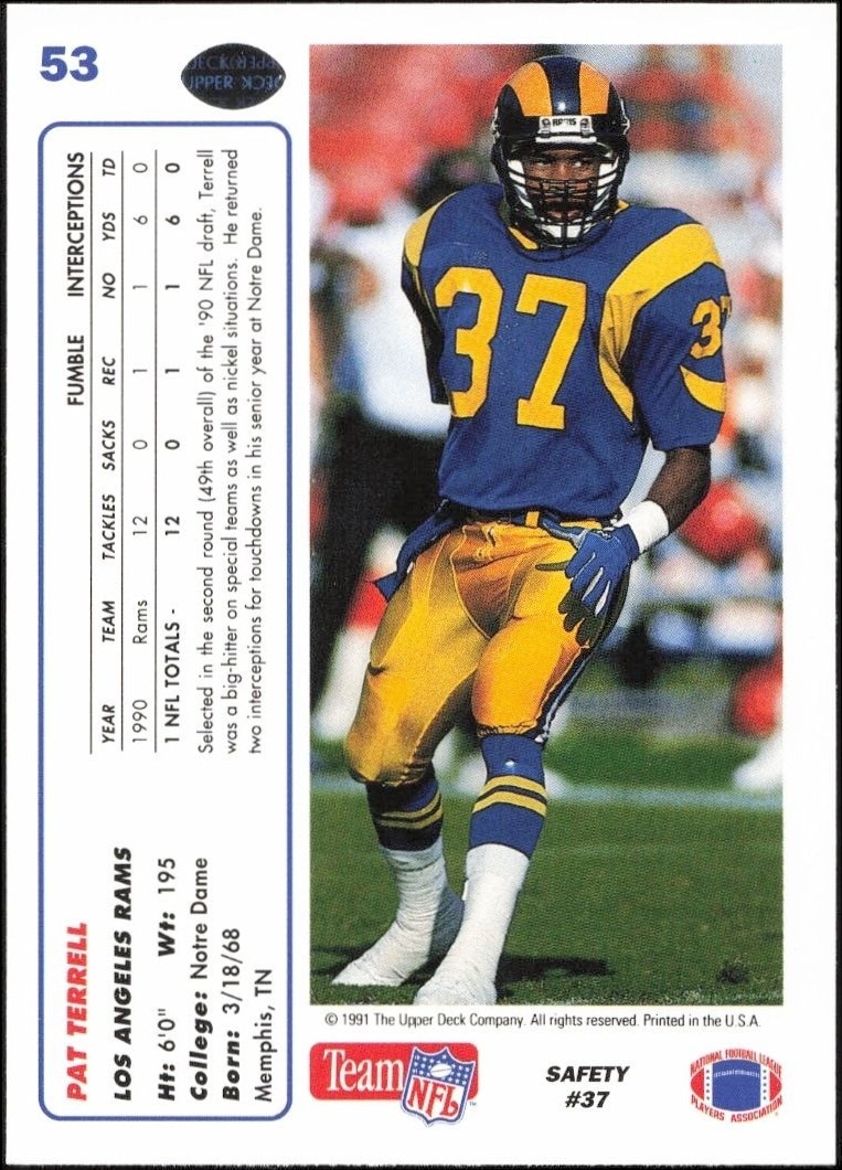 1991 Upper Deck Pat Terrell #53 football trading card back