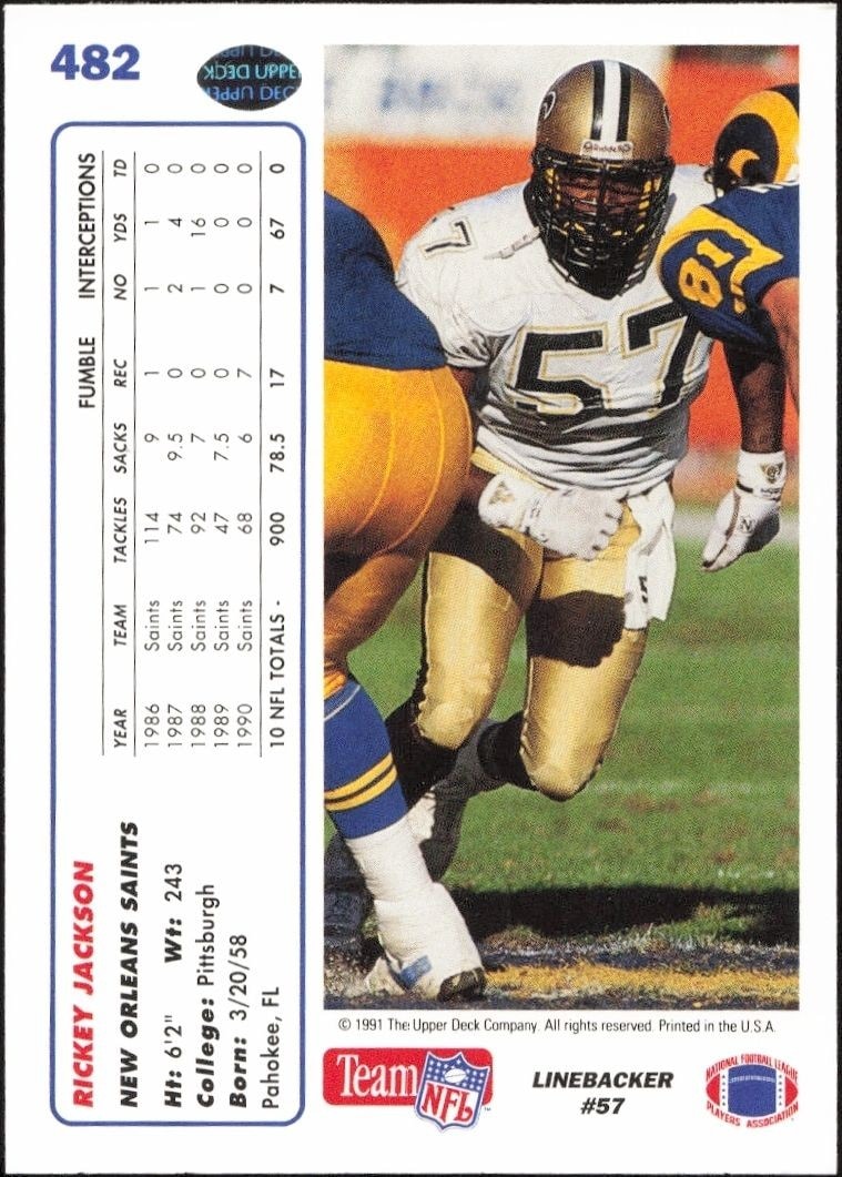 1991 Upper Deck Rickey Jackson #482 football trading card back