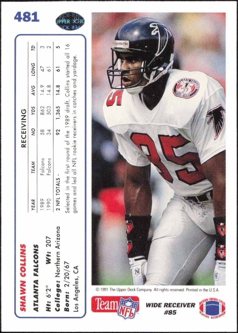 1991 Upper Deck Shawn Collins #481 football trading card back