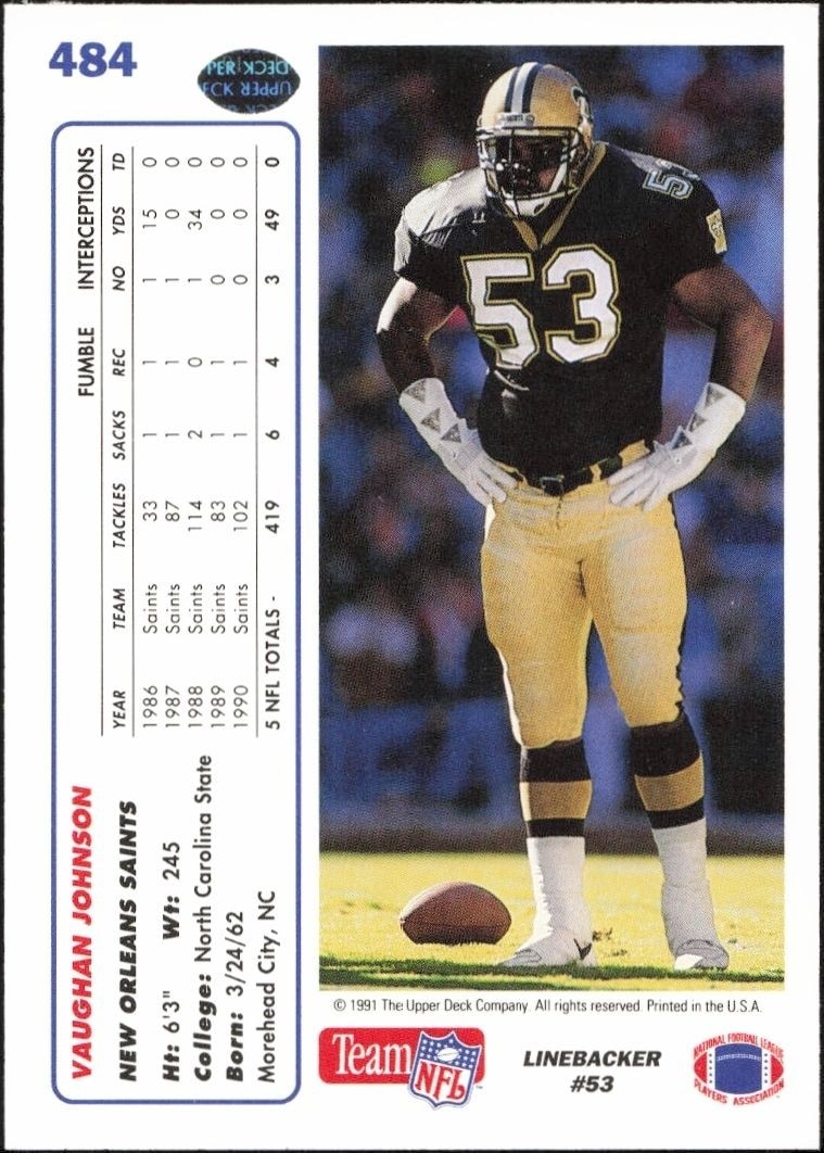 1991 Upper Deck Vaughan Johnson #484 football trading card back