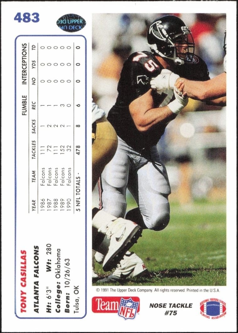 1991 Upper Deck Tony Casillas #483 football trading card back
