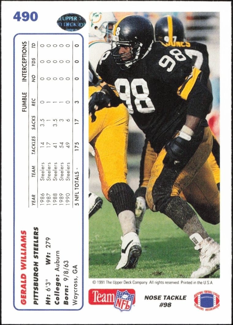 1991 Upper Deck Gerald Williams #490 football trading card back