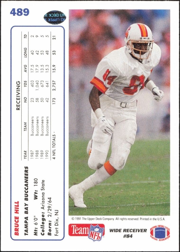 1991 Upper Deck Bruce Hill #489 football trading card back