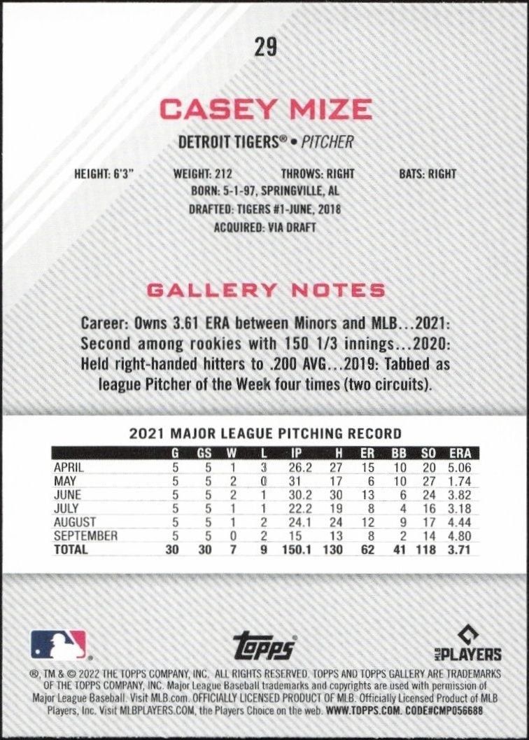 2022 Topps Gallery Casey Mize #29 baseball trading card back