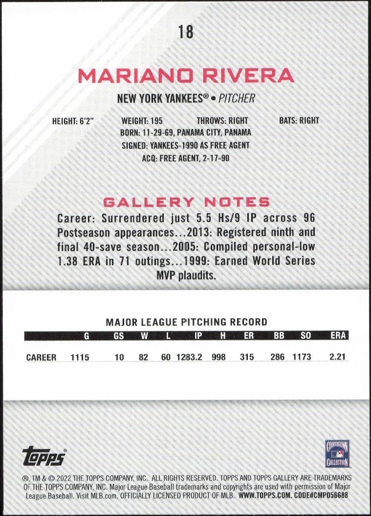 2022 Topps Gallery Mariano Rivera #18 baseball trading card back