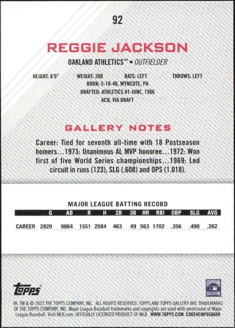 2022 Topps Gallery Reggie Jackson #92 baseball trading card back