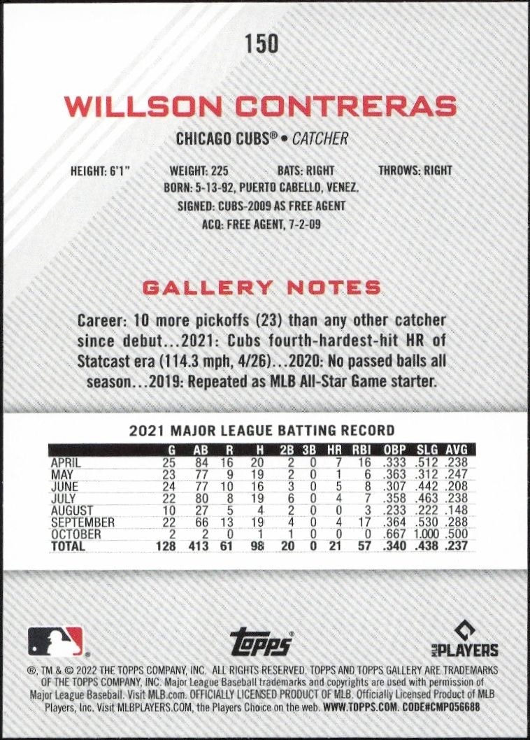 2022 Topps Gallery Willson Contreras #150 baseball trading card back