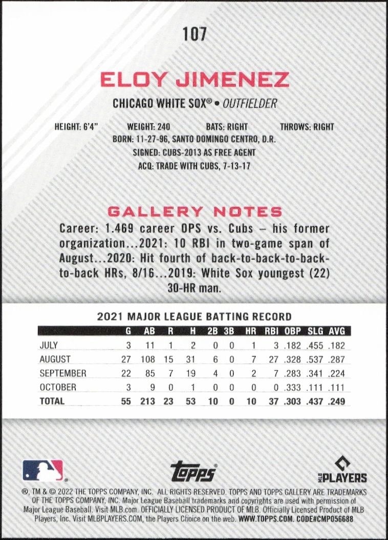 2022 Topps Gallery Eloy Jimenez #107 baseball trading card back