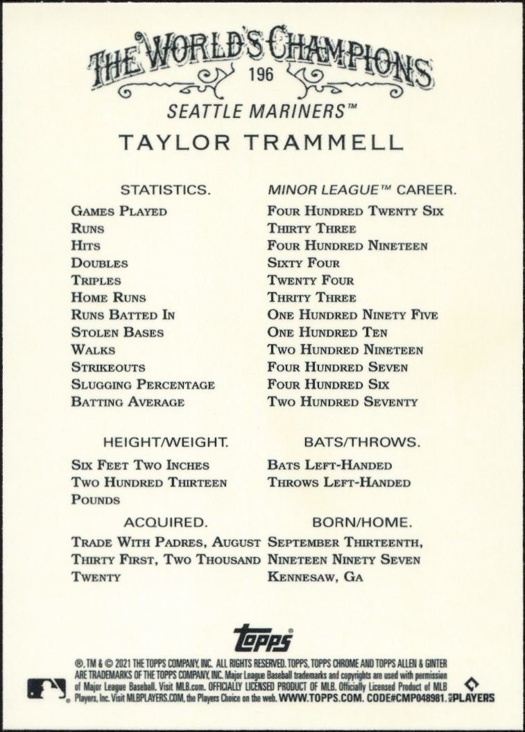 2021 Topps Allen & Ginter Chrome Taylor Trammell #196 baseball trading card back