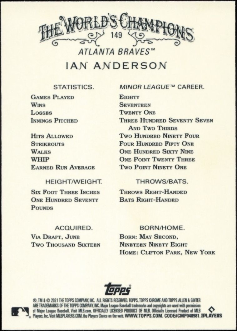 2021 Topps Allen & Ginter Chrome Ian Anderson #149 baseball trading card back