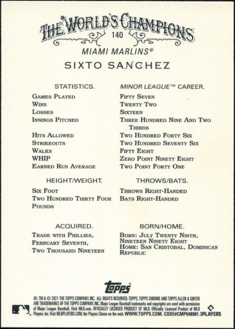 2021 Topps Allen & Ginter Chrome Sixto Sanchez #140 baseball trading card back