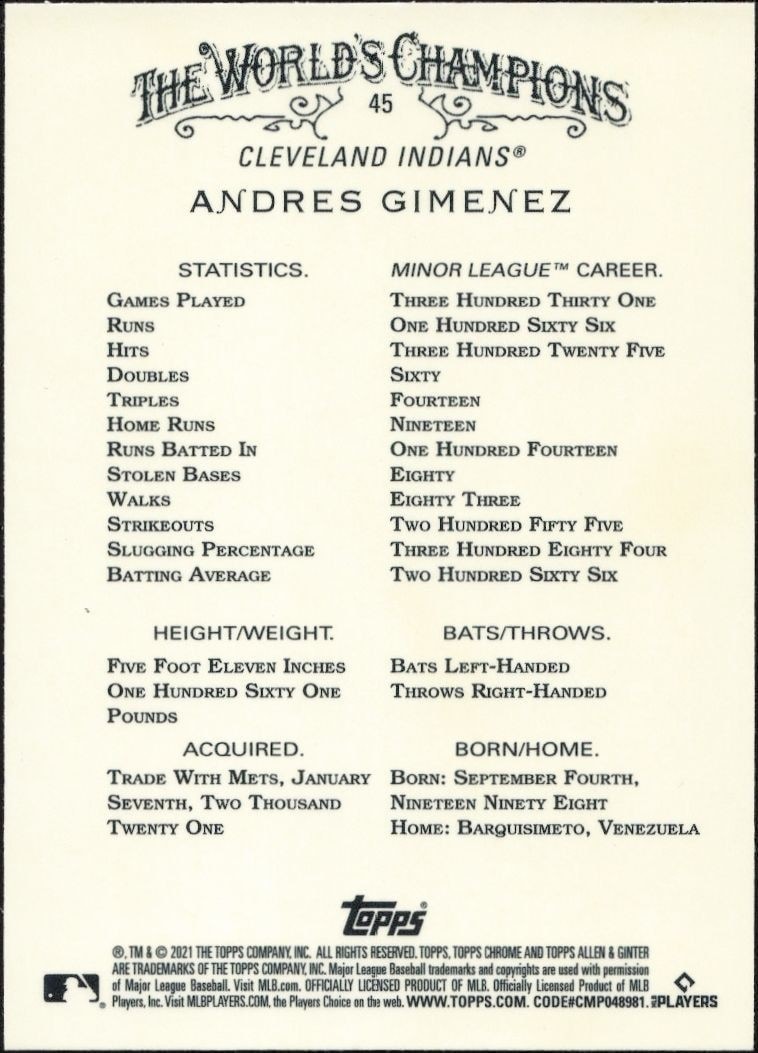 2021 Topps Allen & Ginter Chrome Andres Gimenez #45 baseball trading card back