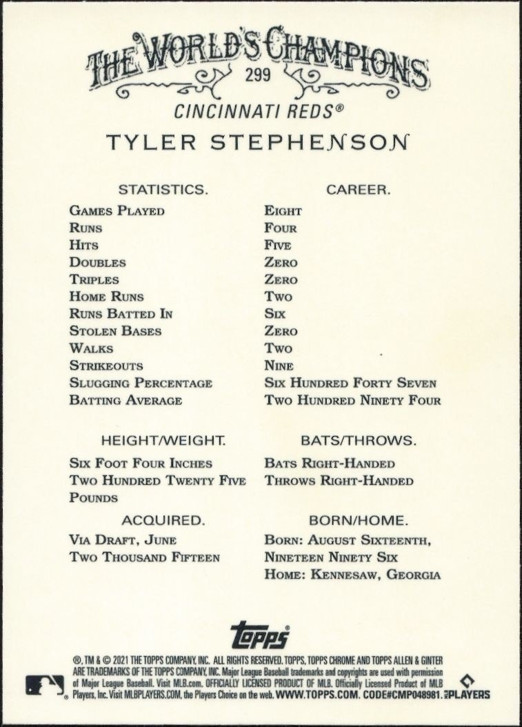 2021 Topps Allen & Ginter Chrome Tyler Stephenson #299 baseball trading card back