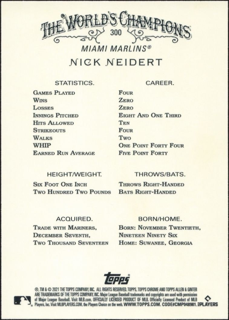 2021 Topps Allen & Ginter Chrome Nick Neidert #300 baseball trading card back