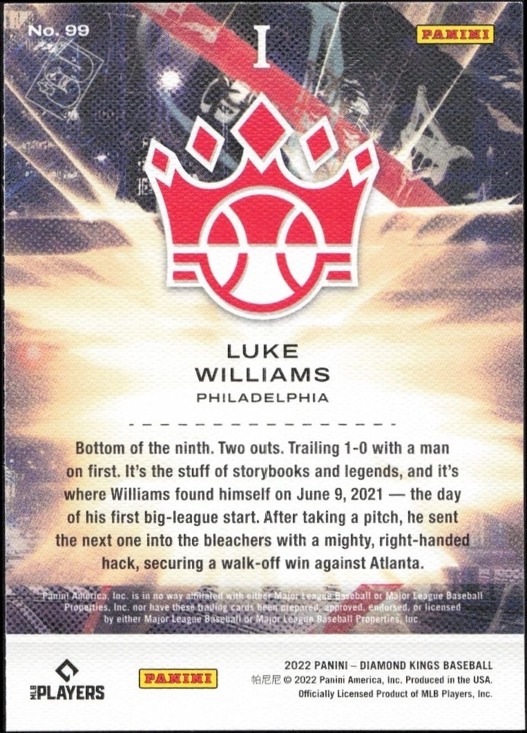 2022 Panini Diamond Kings Luke Williams #99 baseball trading card back