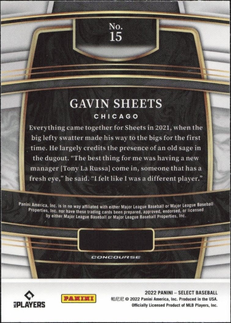 2022 Panini Select Gavin Sheets #15 baseball trading card back