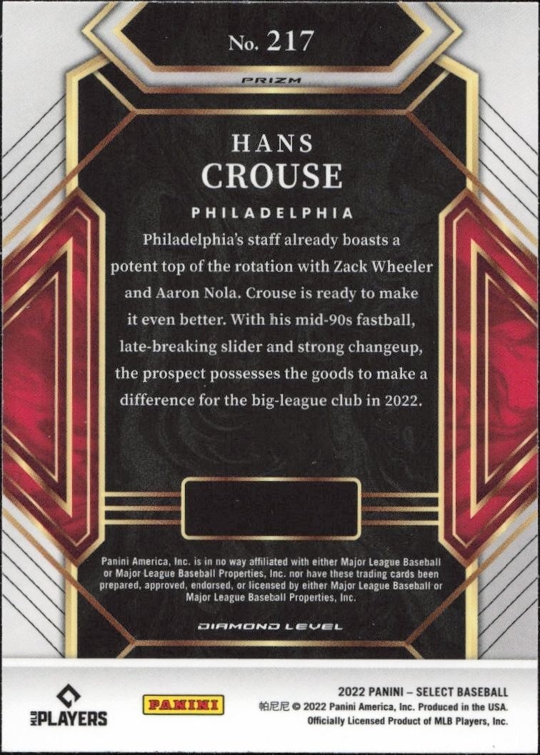 2022 Panini Select Hans Crouse #217 baseball trading card back