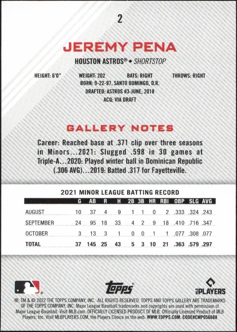 2022 Topps Gallery Jeremy Pena #2 baseball trading card back