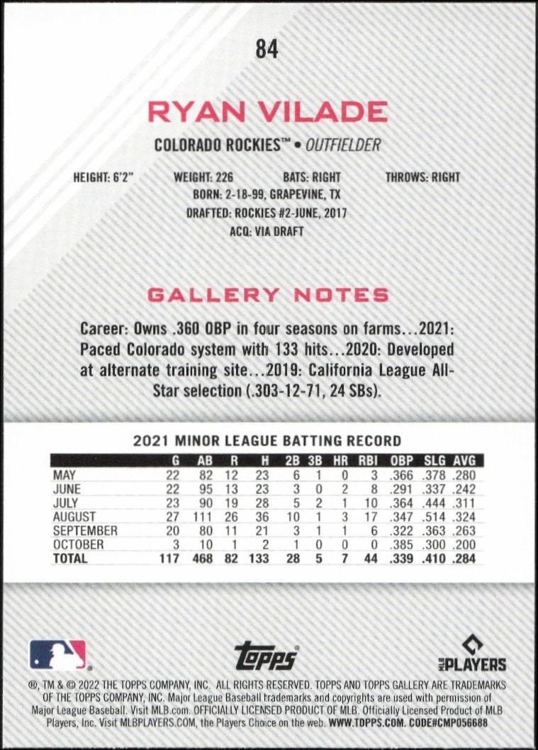 2022 Topps Gallery Ryan Vilade #84 baseball trading card back