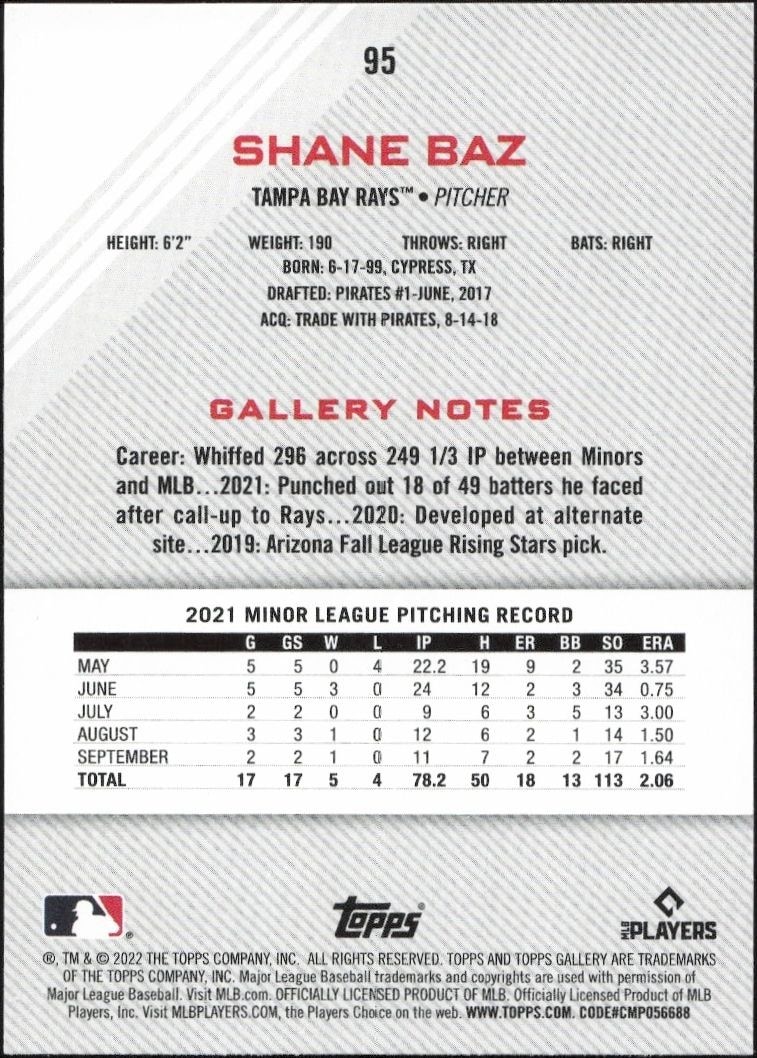 2022 Topps Gallery Shane Baz #95 baseball trading card back