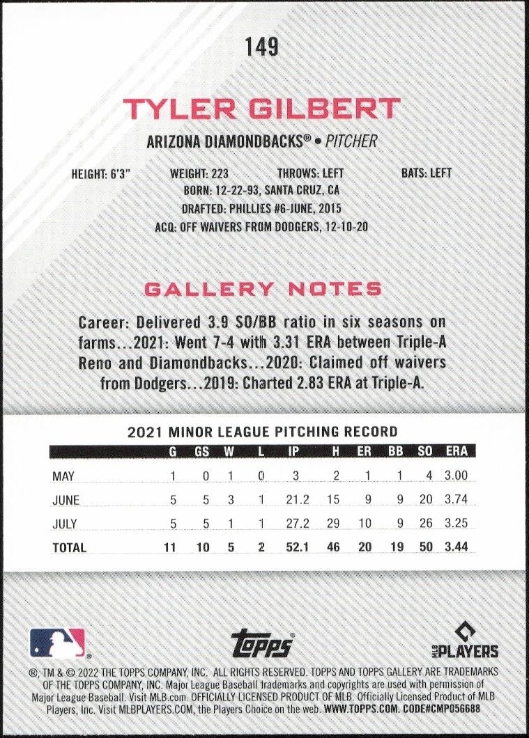 2022 Topps Gallery Tyler Gilbert #149 baseball trading card back