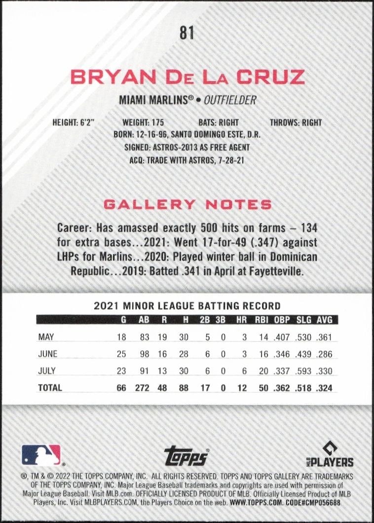 2022 Topps Gallery Bryan De La Cruz #81 baseball trading card back