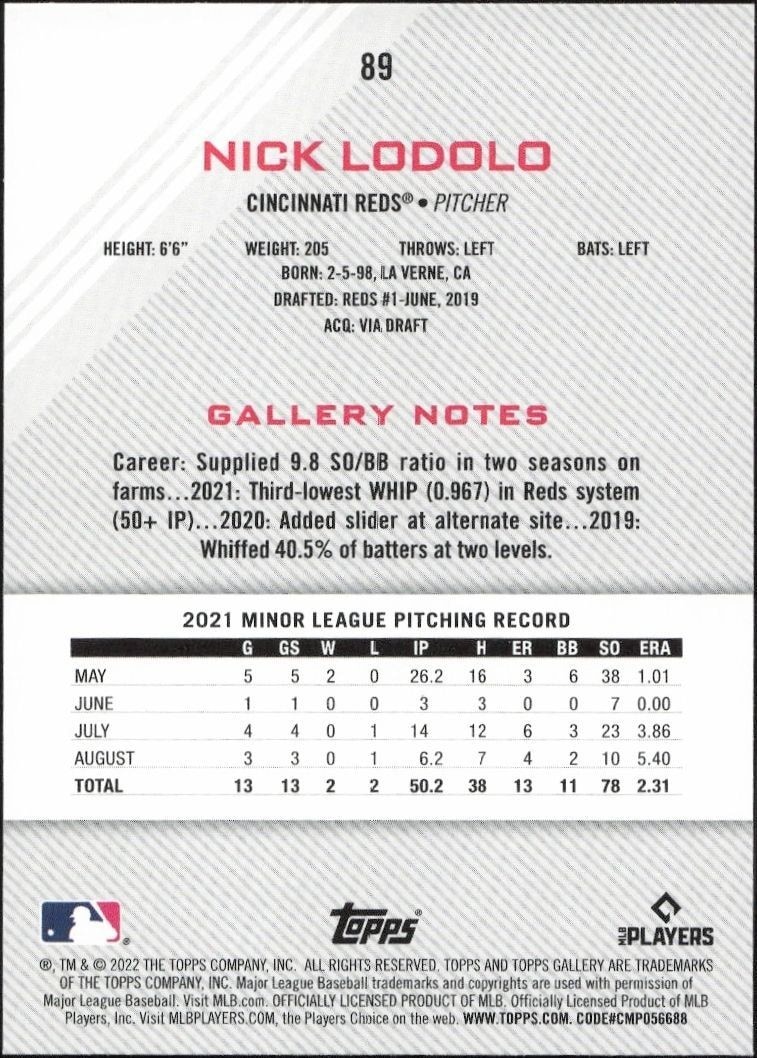 2022 Topps Gallery Nick Lodolo #89 baseball trading card back