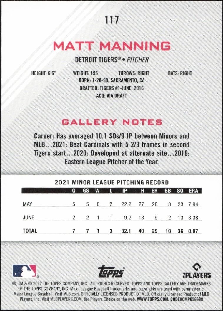 2022 Topps Gallery Matt Manning #117 baseball trading card back