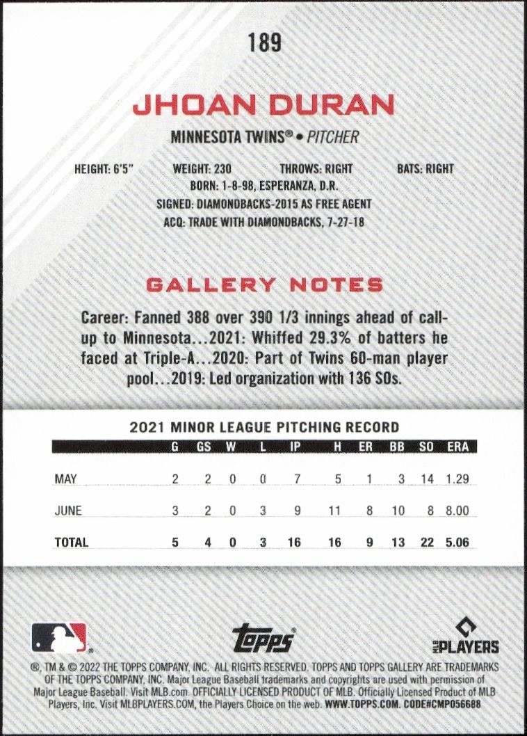 2022 Topps Gallery Jhoan Duran #189 baseball trading card back