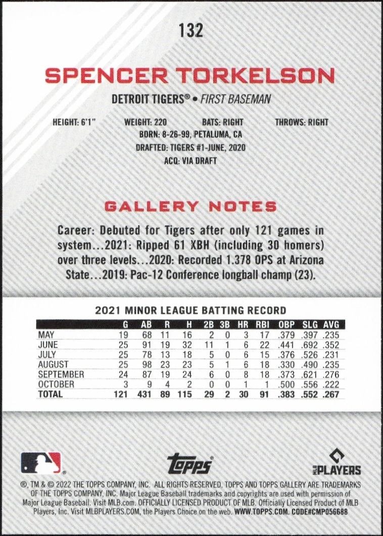 2022 Topps Gallery Spencer Torkelson #132 baseball trading card back