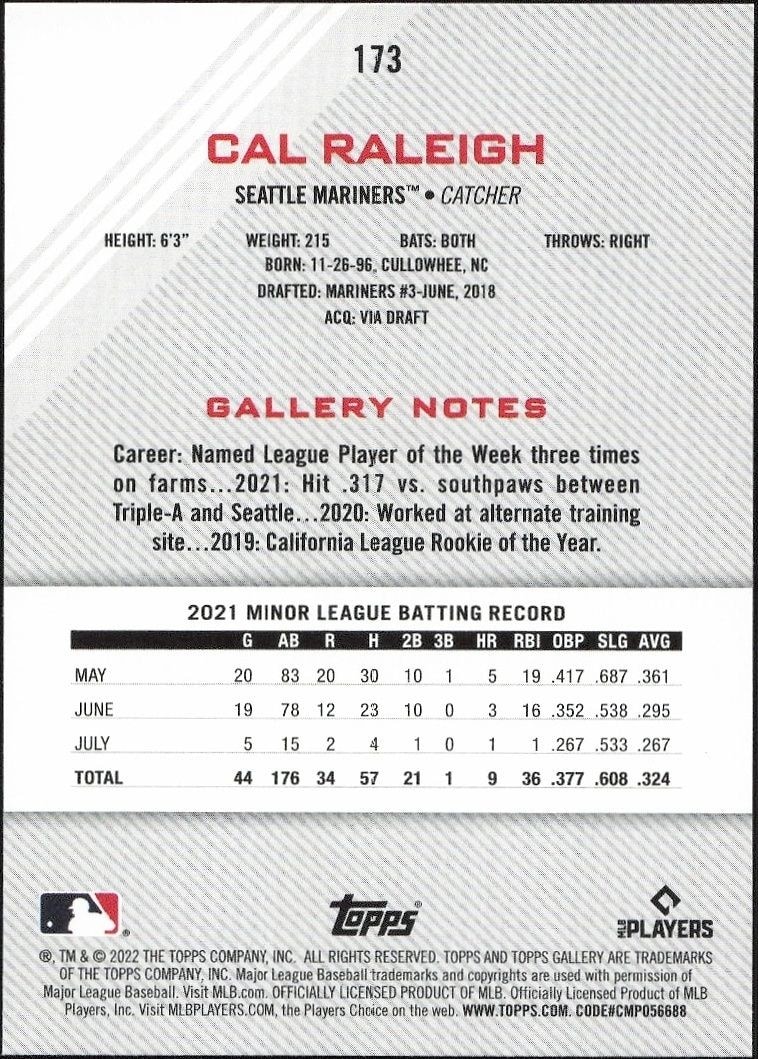 2022 Topps Gallery Cal Raleigh #173 baseball trading card back