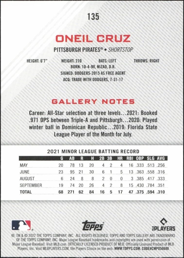 2022 Topps Gallery Oneil Cruz #135 baseball trading card back