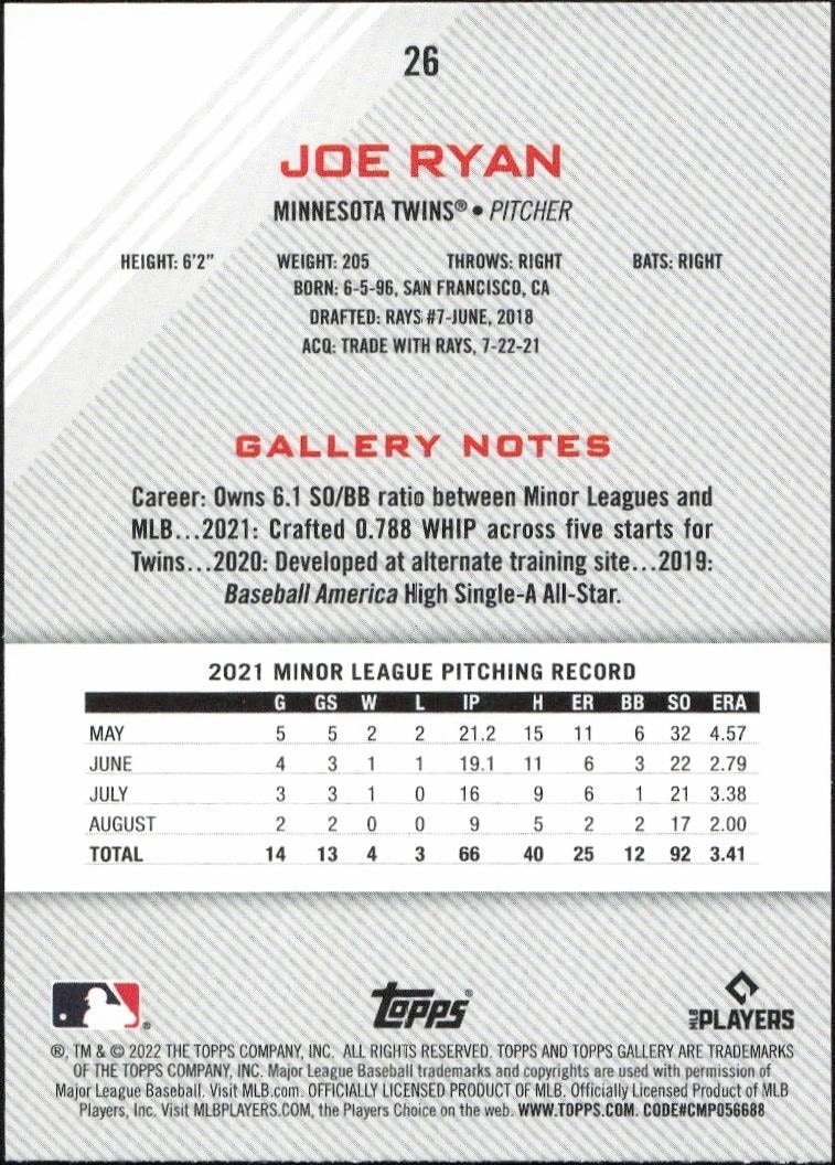 2022 Topps Gallery Joe Ryan #26 baseball trading card back